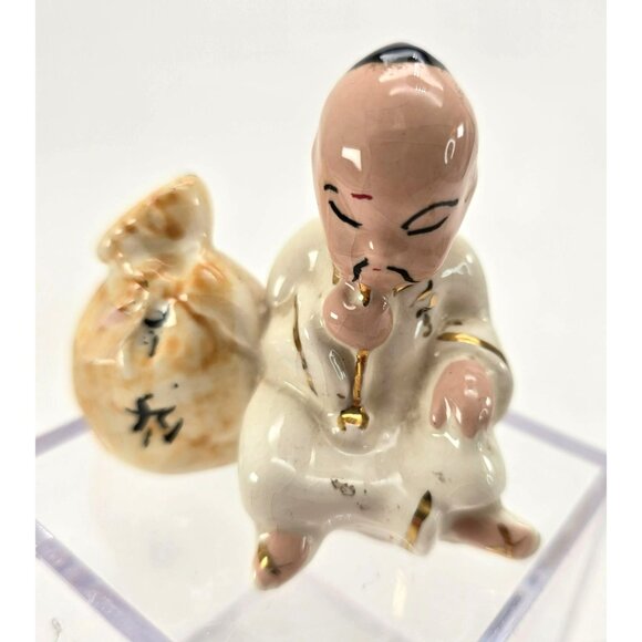 Vintage Seated Oriental Ceramic Figurines Set With Coin Pouch Motif je223 - Picture 8 of 10